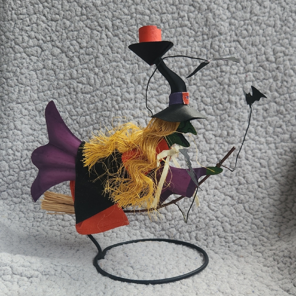 Vintage Metal And Straw Spooky Witch Figurine On Broom Candle Holder Decoration